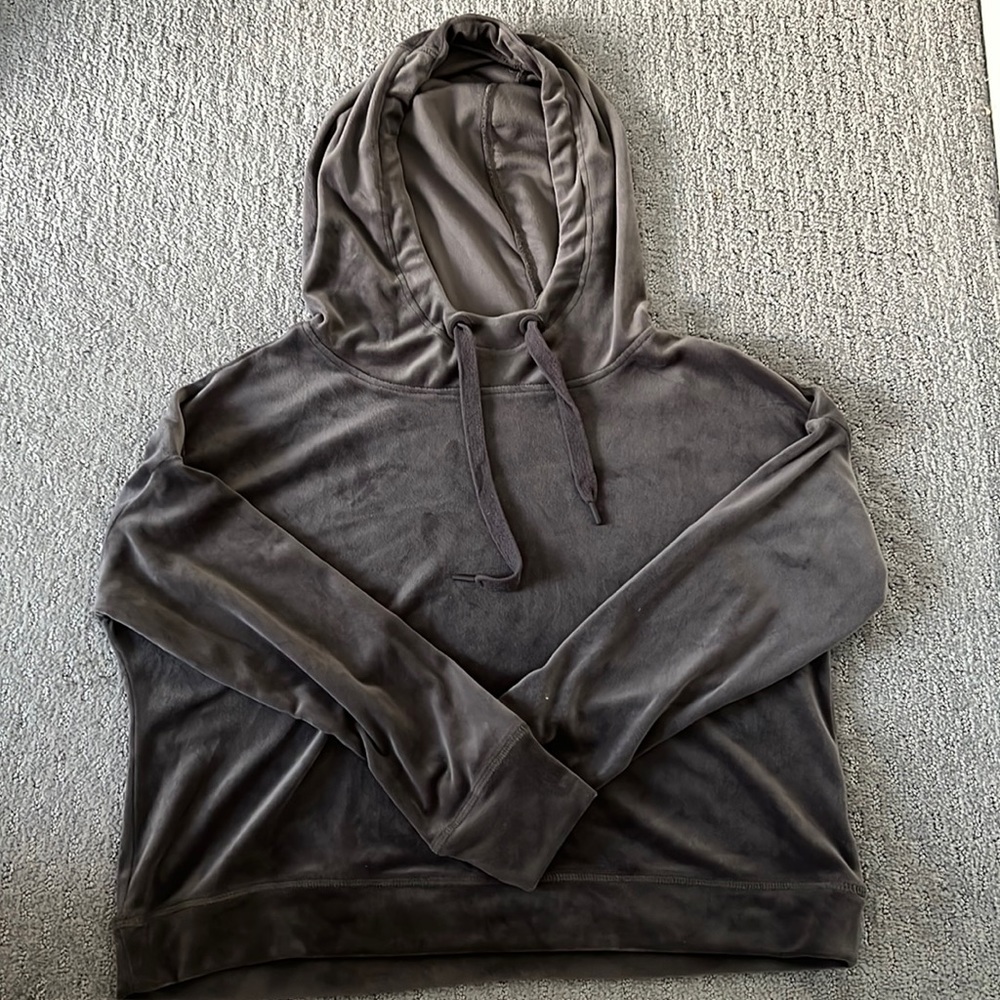 Philosophy velour, purplish-grey hooded sweatshirt.  Size small